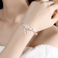 Sterling Silver Dreamcatcher Tassel Feather Round Bead Charm Bracelet For Women Elegant Jewelry