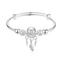 Sterling Silver Dreamcatcher Tassel Feather Round Bead Charm Bracelet For Women Elegant Jewelry